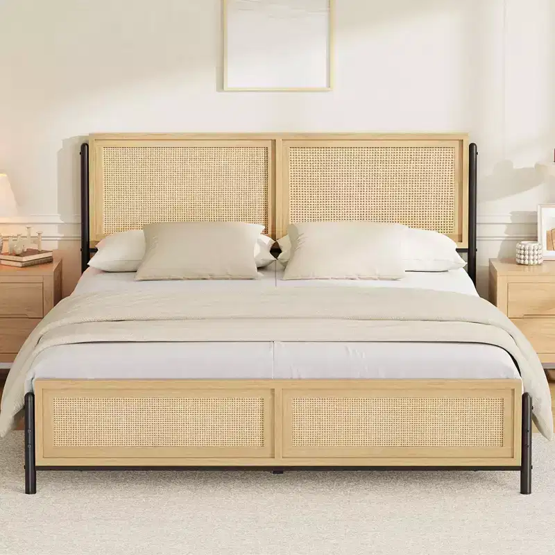 Natural Wood Bed Frame with Rattan Headboard