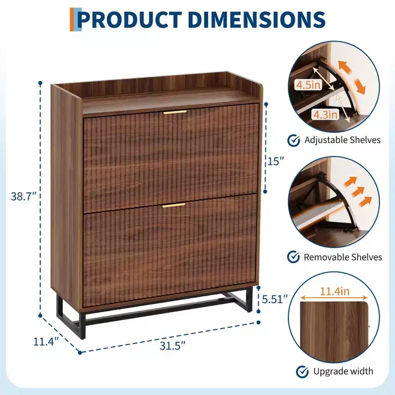 Shoe Storage Cabinet with 2 Flip-Down Doors, Narrow Fluted Wood Design, Walnut Finish