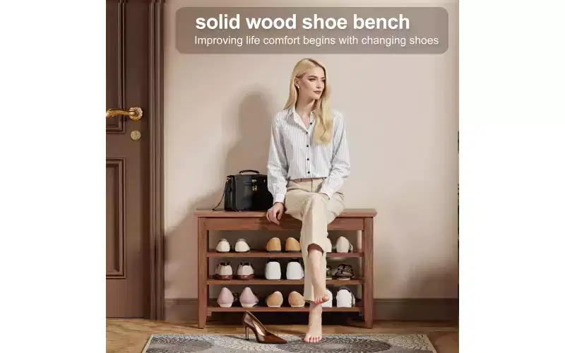 Bellemave Shoe Rack Bench with Flip Top Storage, Solid Wood 3 Tier Entryway Bench, helves Rubberwood Shoe Organizer, Walnut