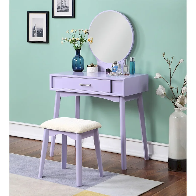 White / Purple / Gold Contemporary Wood Vanity Set with Mirror & Stool