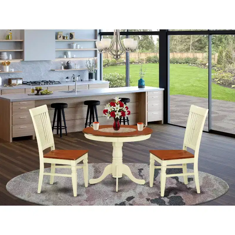 Kitchen Table Set 3 Piece - Dining Table with 2 Chairs - Buttermilk & Cherry Finish - Eclectic Design