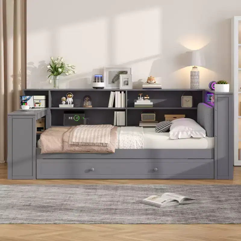 GDFStudio Brewer Wood Platform Bed with Storage Shelves, Trundle, Charging Station and LED
