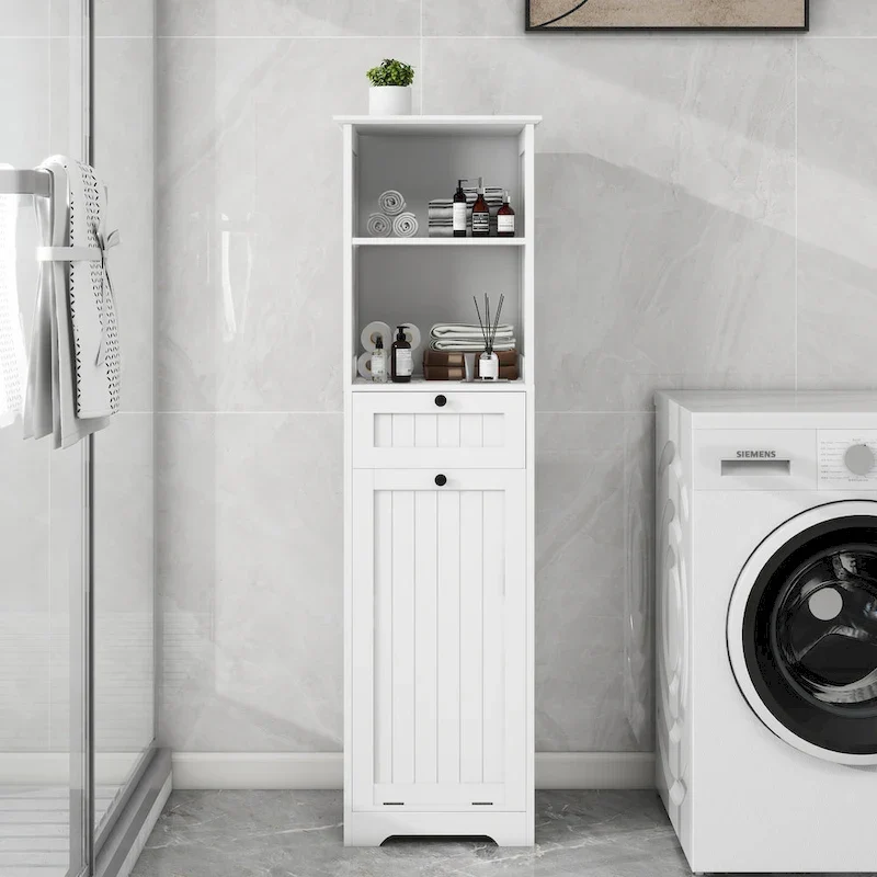 Tilt-Out Laundry Sorter Cabinet with Drawer - White