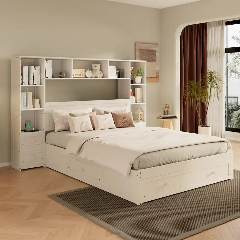 White Full Platform Storage Bed with Nightstands, Drawers & Bookcase