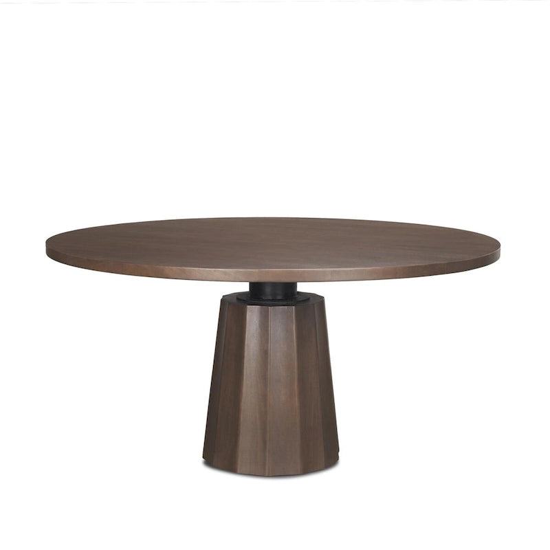 60-Inch Round Pedestal Dining Table – Dark Brown, Solid Mango Wood, Scalloped Base, Matte Black Iron Neck, Classic Style