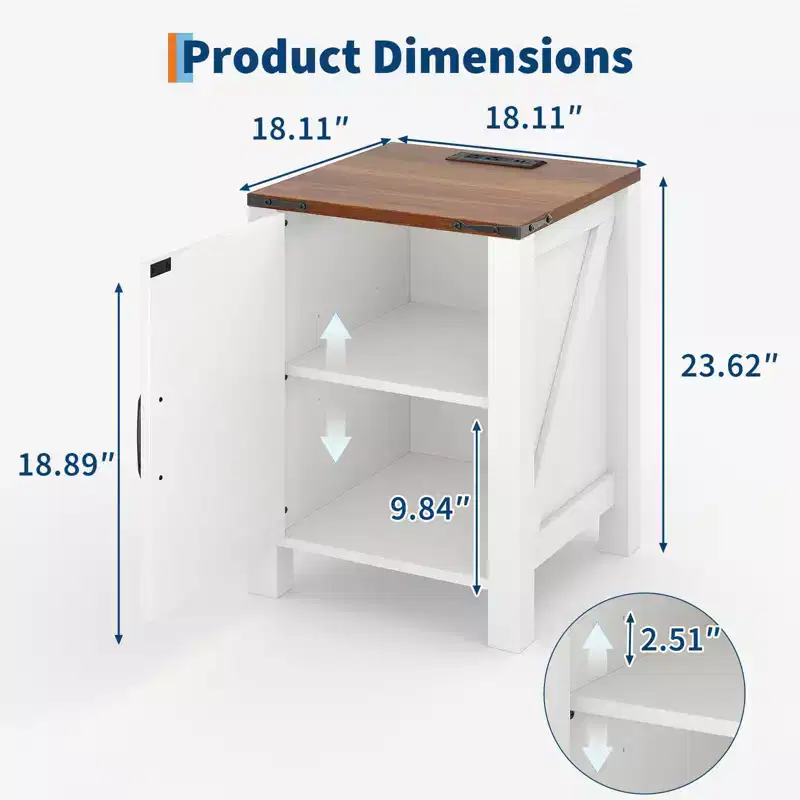 Modern Farmhouse Nightstand with Charging Station & Sliding Barn Door, 18 Rustic Two-Tier Bedside Table for Bedroom Storage