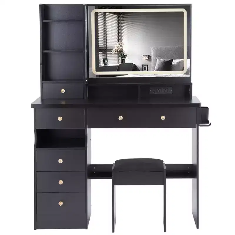 Makeup Vanity Desk with Mirror and Light, Dresser Desk Padded Stool Set, Makeup Vanity with Charging Station, Adjustable Brightness