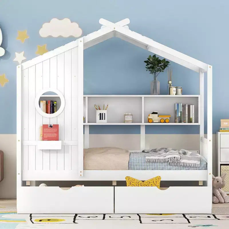 House Bed with Roof and Window, Wooden Daybed Frame with Shelves and 2 Drawers for Kids Girls Boys, White