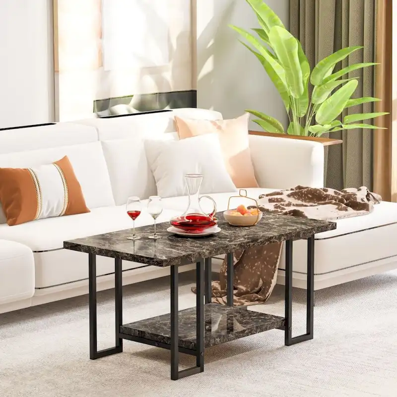 39 Wide 2-Tier Faux Marble Top Coffee Table with Steel Frame