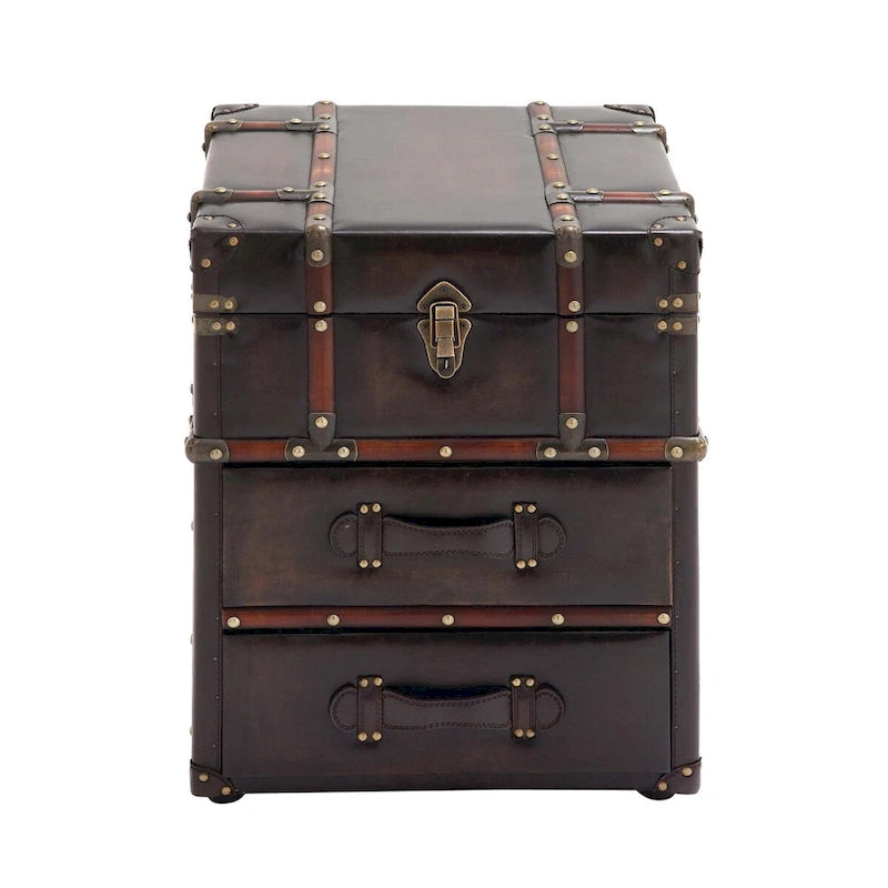 2-Drawer Accent Cabinet – Dark Brown / Blue, Faux Leather & Linen, Buckle Hinged Top, Traditional Style