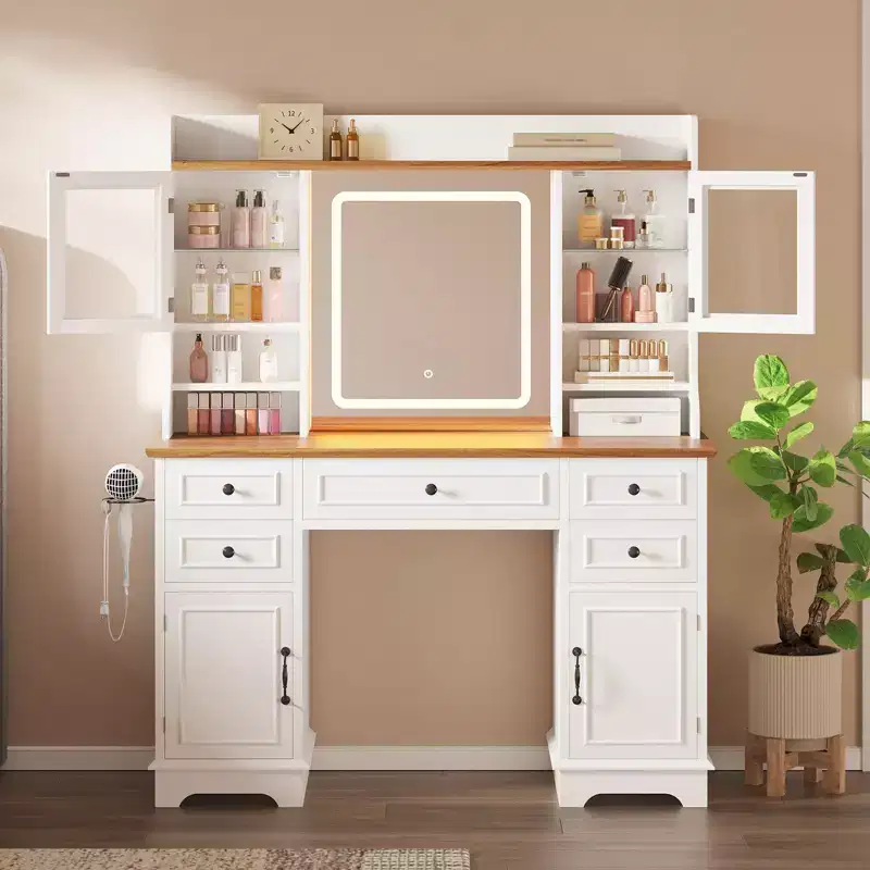Vanity Desk with LED Lighted Mirror - 3 Color Adjustable 5 Drawers, 4 Doors & 3 Storage Shelves, Charging Station
