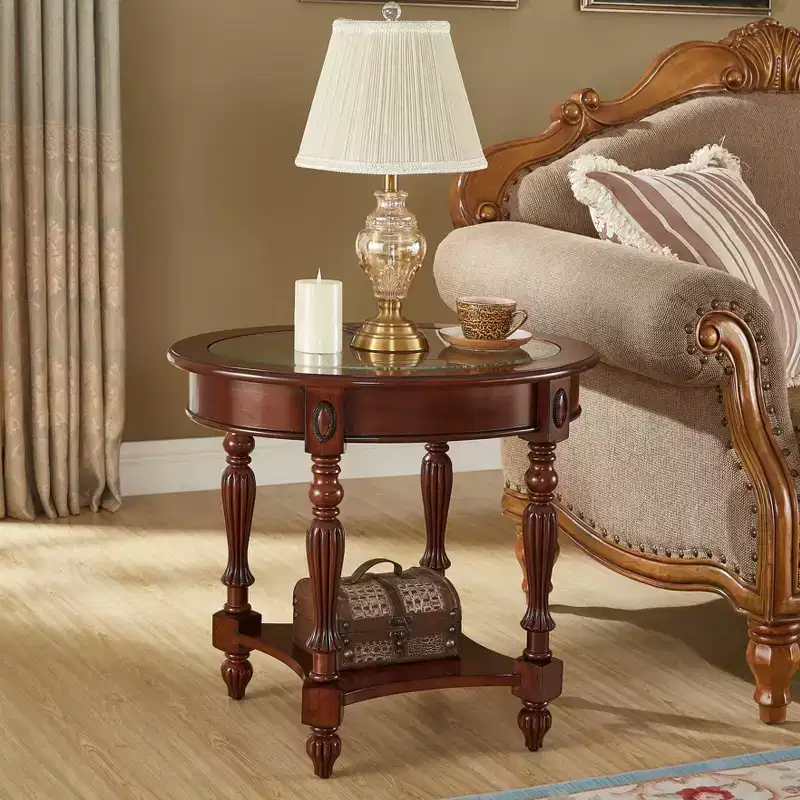 Oval Solid Wood End Table with Glass Top, 28 Inch Wide