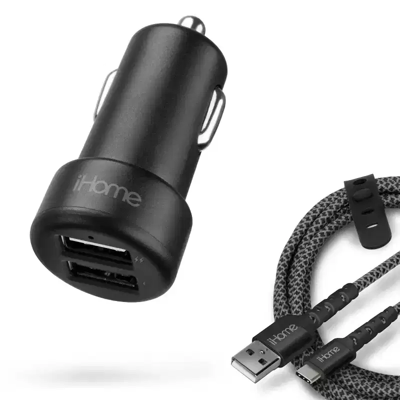 iHome Dual Port Car Charger + 3Ft USB C Cable, Fast iPhone/Samsung Charger, Compact & Lightweight Design