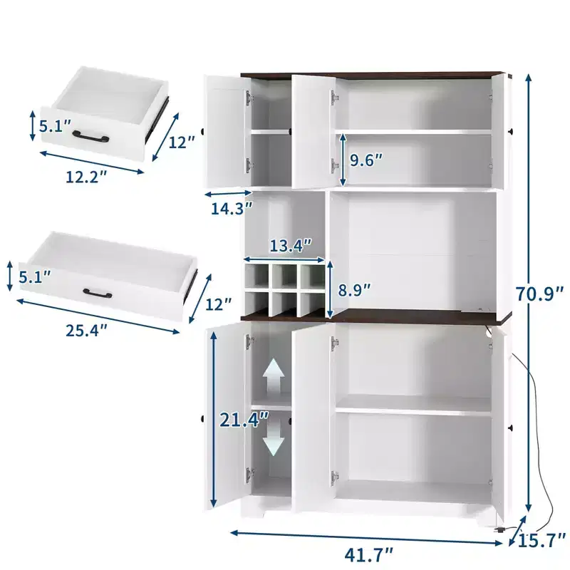 71 Tall Kitchen Pantry Cabinet, Freestanding Buffet Hutch with Microwave Stand & Wine Rack, Wooden Coffee Bar Cabinet for Living Room Kitchen