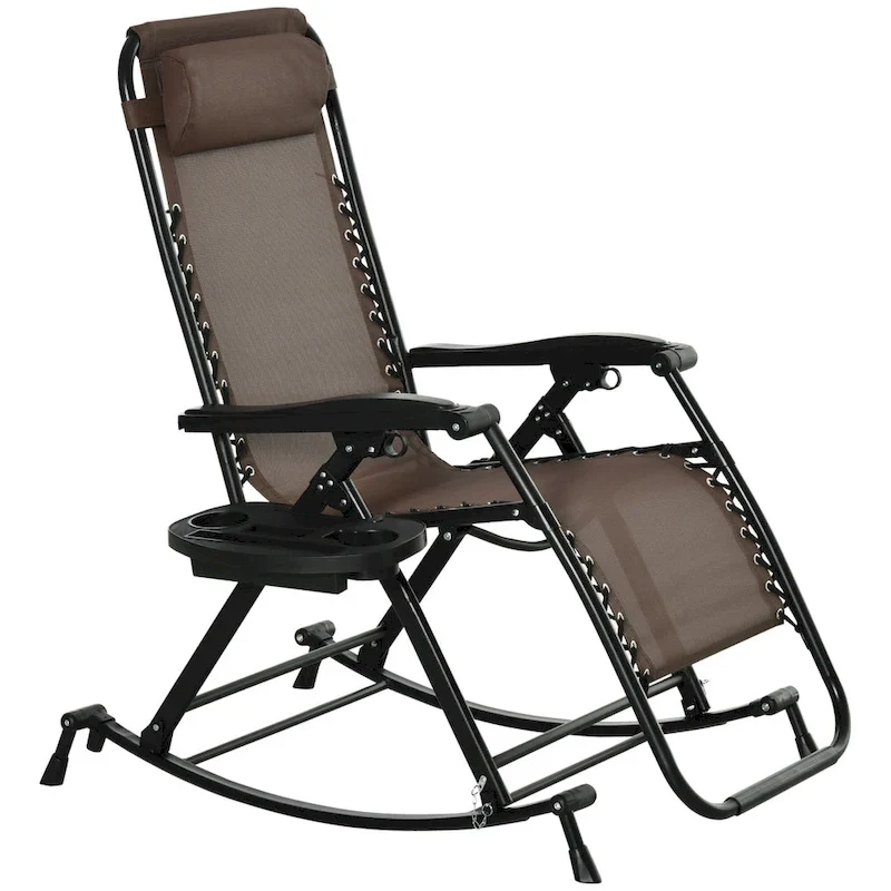 Outdoor Rocking Chairs, Foldable Reclining Zero Gravity Lounge Rocker with Pillow, Cup, Phone Holder and Folding Legs