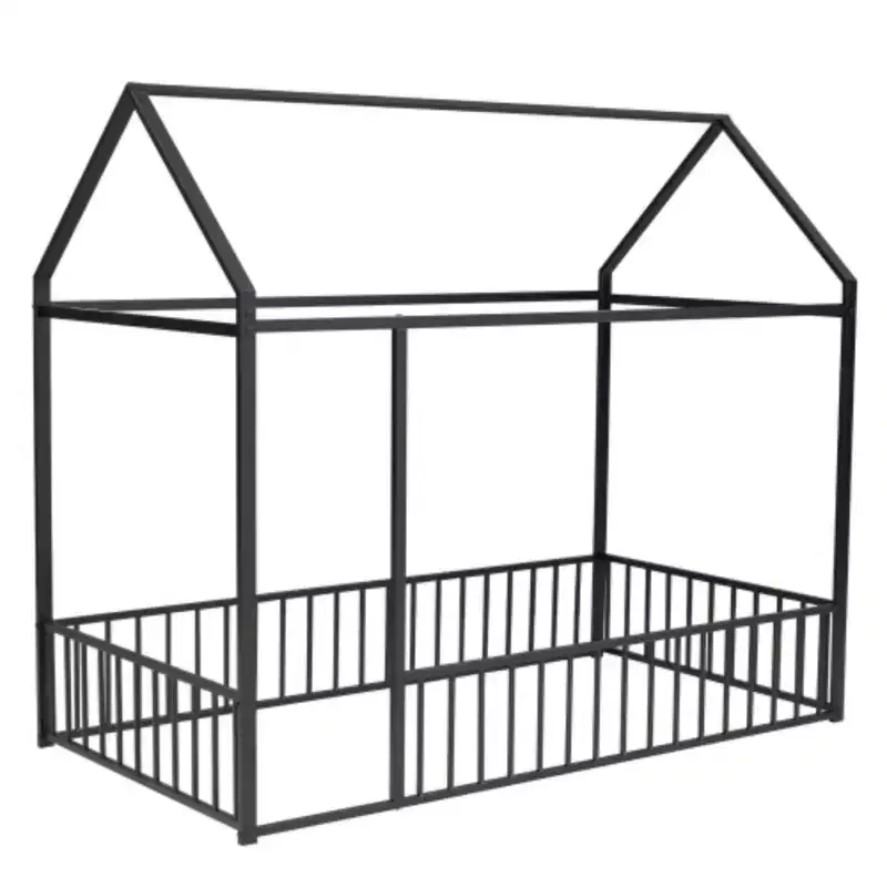 Twin Size Metal Bed Frame in House Shape with Enclosing Fence
