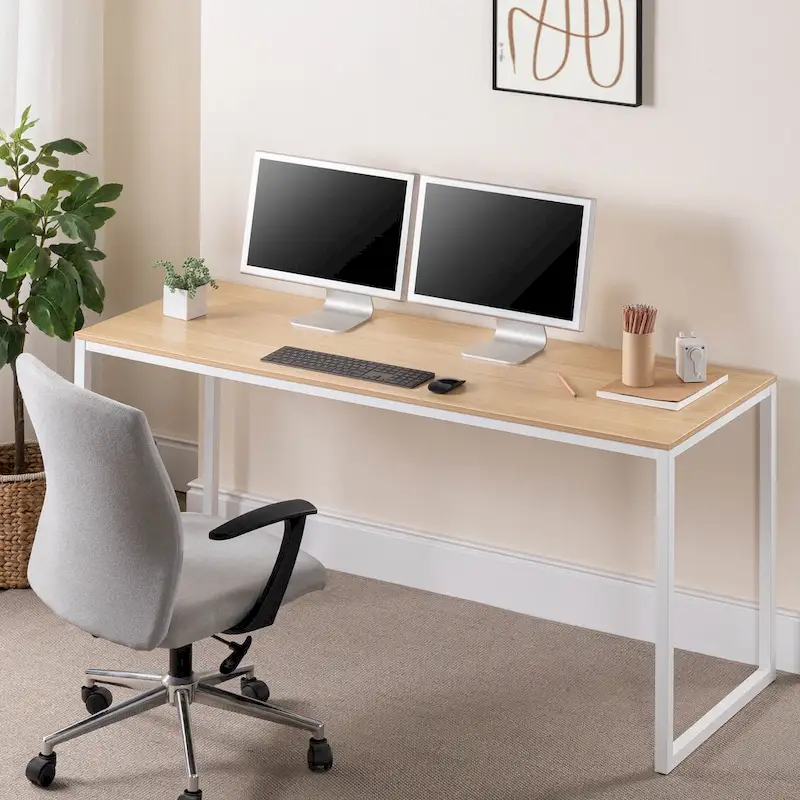 Natural / Brown / Black 63" Metal Frame Desk with Thick Tabletop
