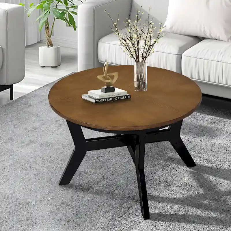 Walnut / Espresso Round Coffee Table, Mid-Century Style, Seats 1–2