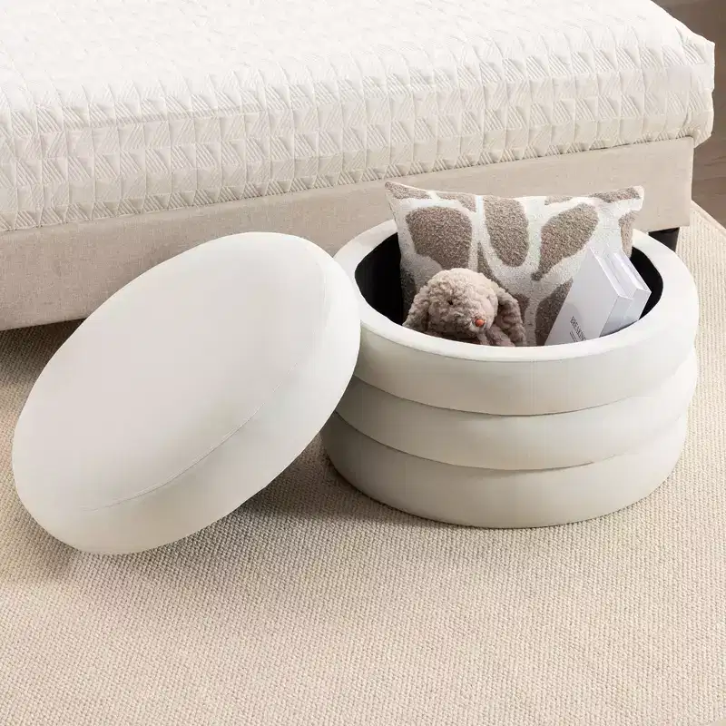 Round Storage Ottoman with Wooden Shelving