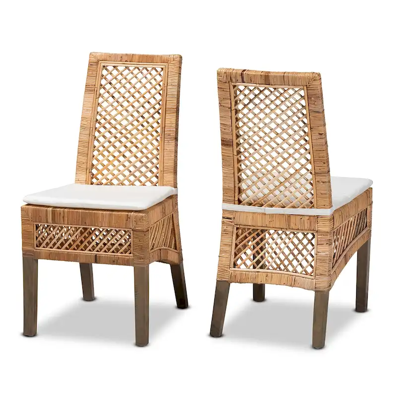 Modern Bohemian Natural Brown Rattan 2-Piece Dining Chair Set