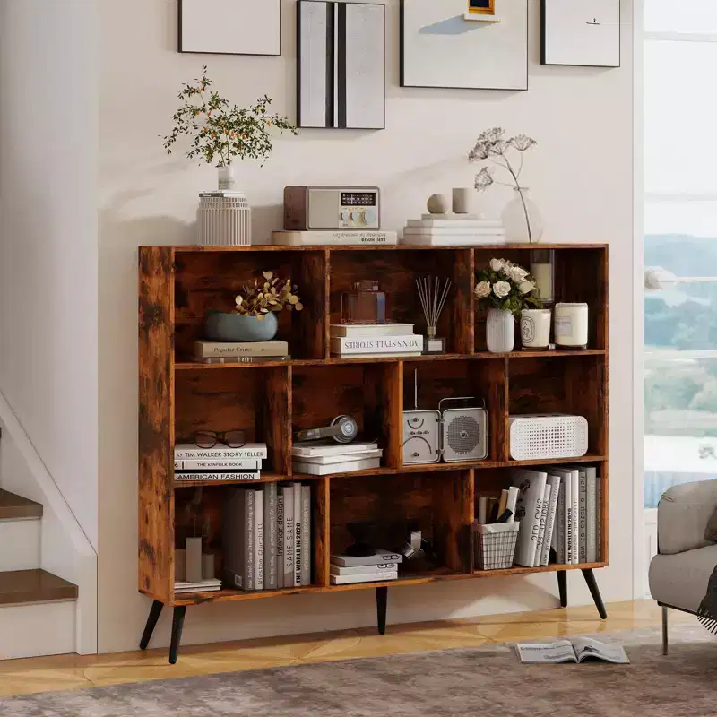 Bookshelf, 10 Cube 3 Tier Mid-Century Natural Wood Bookcase with Legs, Freestanding Open Storage Organizer