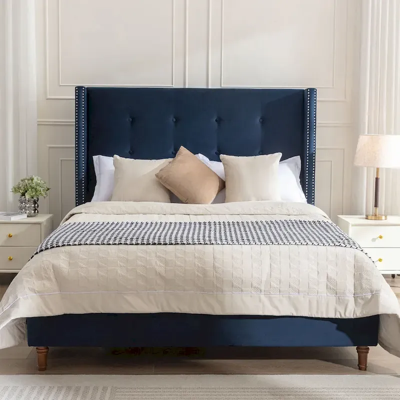 Velvet Wingback King Bed Frame with Button-Tufted Headboard & Walnut Legs