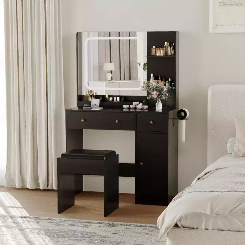 Makeup Vanity Desk with Mirror, 37W Large Dressing Table with Drawers & Stool, Modern Makeup Vanity Table for Small Space Bedroom