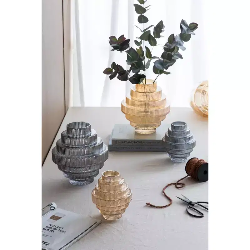 NAYSAYE Set of 2 Multi-Tiered Geometric Vases with Smoked Finish for Modern Home and Tabletop Decor, Multicolor, 5.9*5.9*6.7