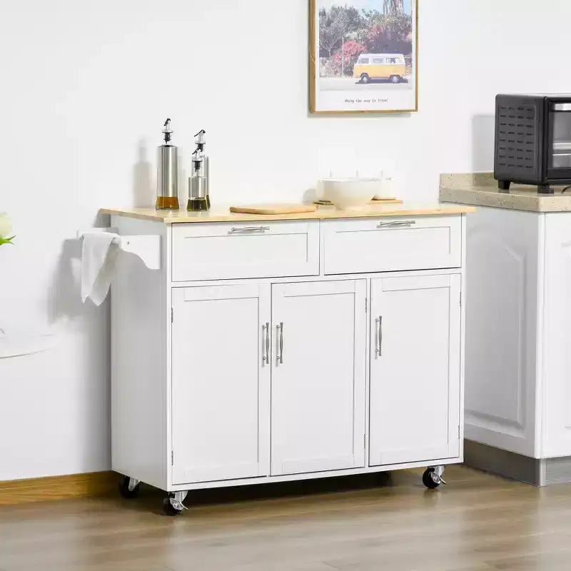 FAMYYT White Natural Wood Top 18 in. Kitchen Island with 2-Storage Cabinets, 2-Drawers, and 4-Lockable Wheels