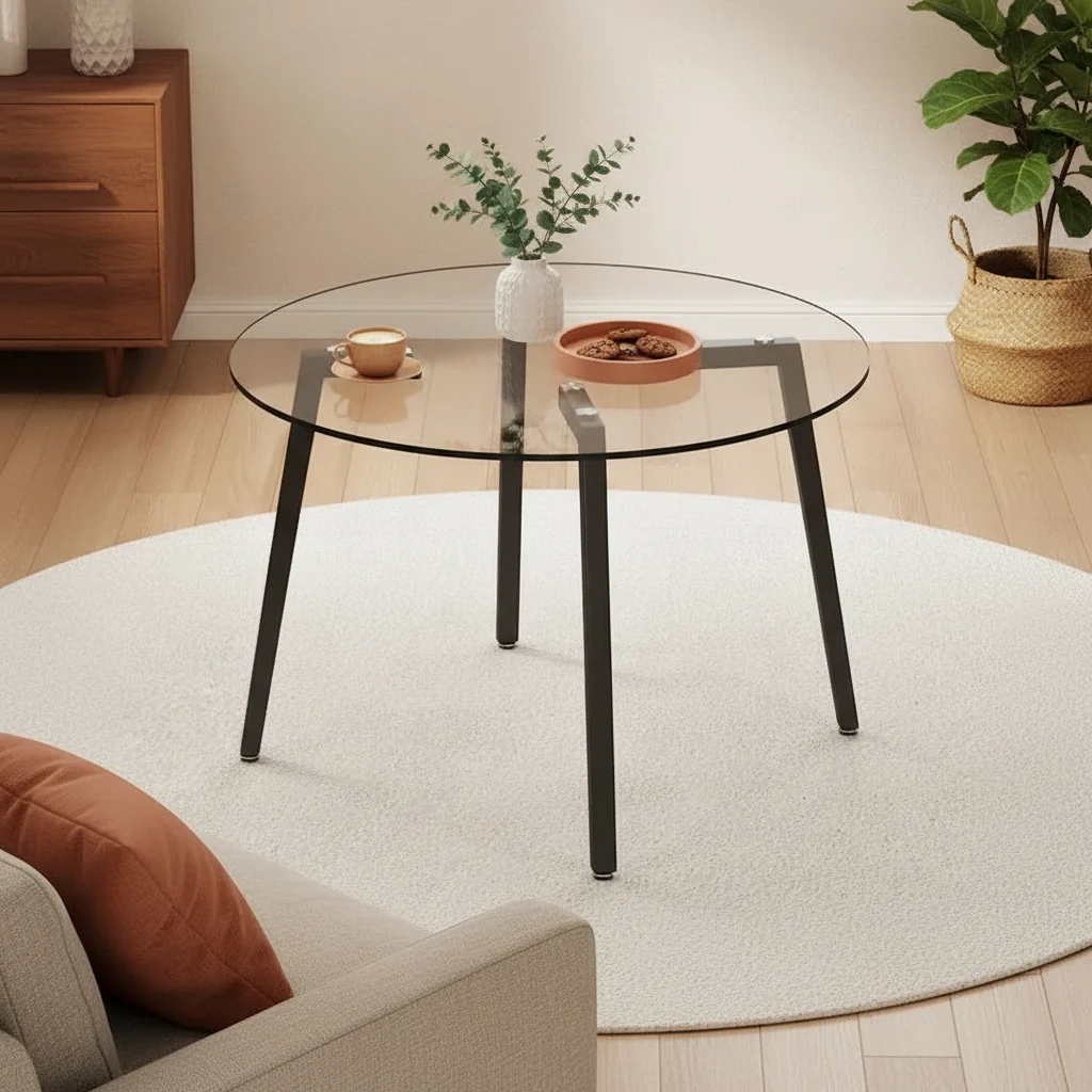 Round Tempered Glass Dining Table with Black Metal Legs, 42x42x29.5