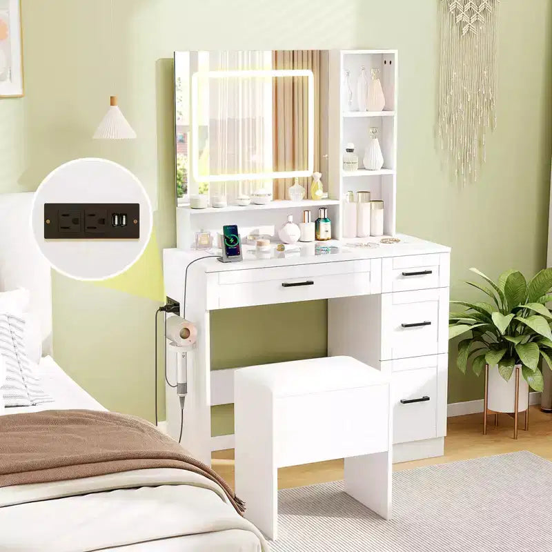 Costway 35.5 Makeup Table Set Vanity Desk with Mirror and Lights 2 Open Shelves Glass Top
