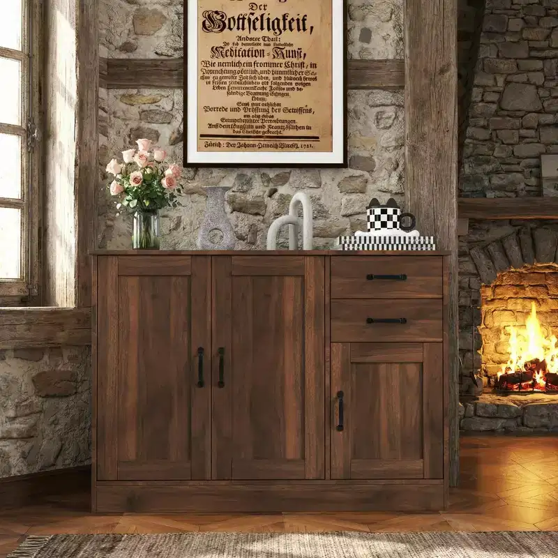 Natural Wood-Finish Sideboard with 3 Doors & 2 Drawers