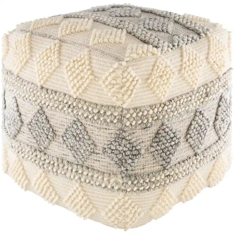 Hand-Woven Textured Cube Pouf Ottoman Cream Gray Geometric Pattern