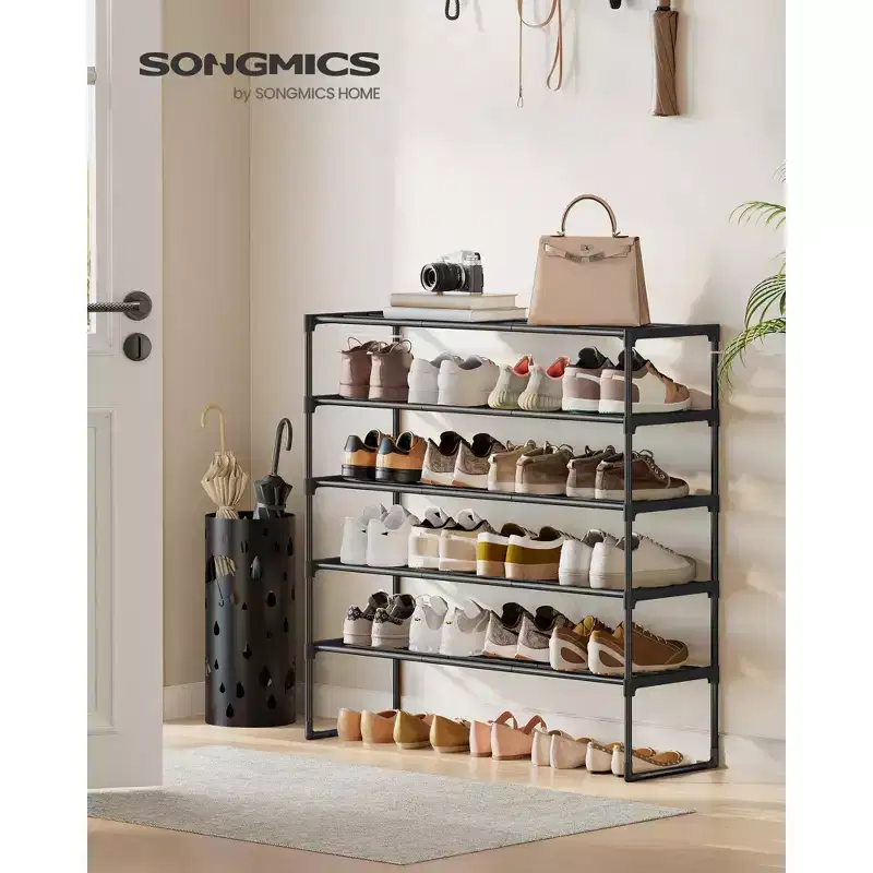 Black 5-Tier Metal Shoe Rack, Stackable & Reversible, Up to 30 Pairs