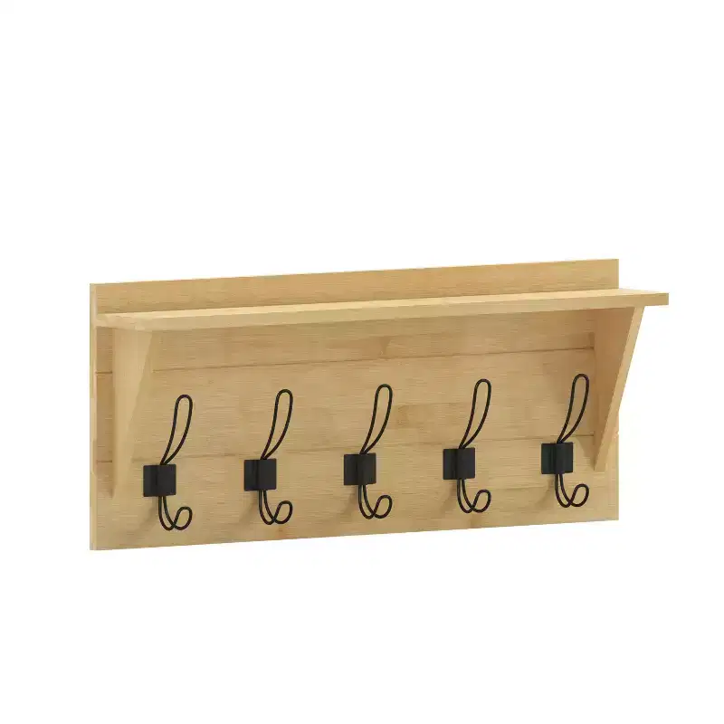 Bamboo / Black / White / Brown Wall-Mounted Entryway Shelf with 5 Hooks, 1-Person
