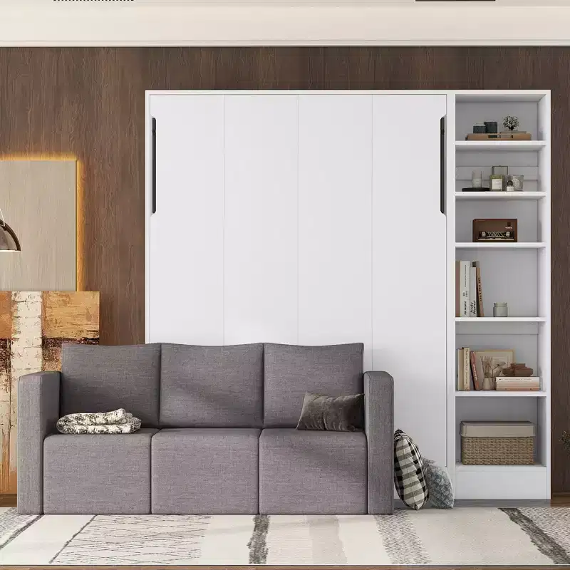 Full/Twin Size Murphy Bed Wall Bed | 3/2 Seat Sofa & Storage Shelves | White & Gray