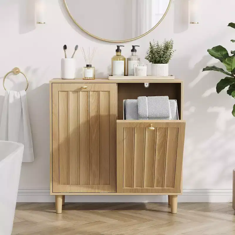 Wooden Laundry Hamper Cabinet with 2 Removable Baskets