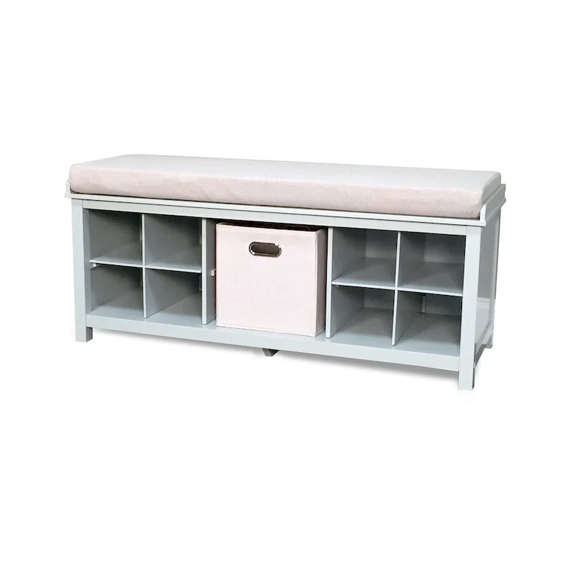 Grey Solid Wood Entryway Storage Bench with Cushion and Shoe Cubbies