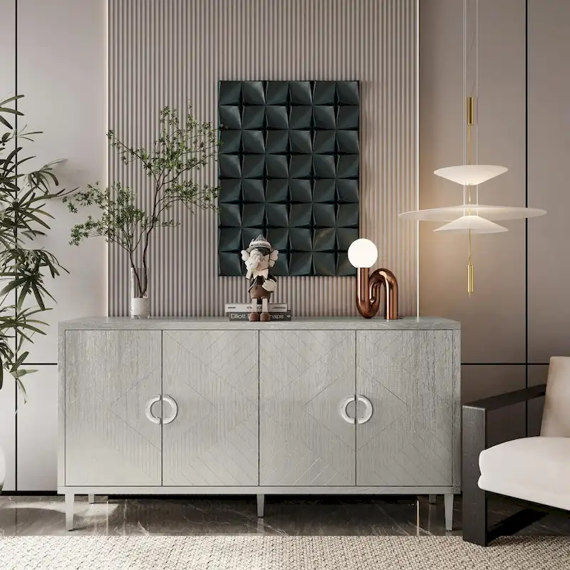 4-Door Sideboard Cabinet MDF Pine Legs Sculpted Champagne Navy Blue