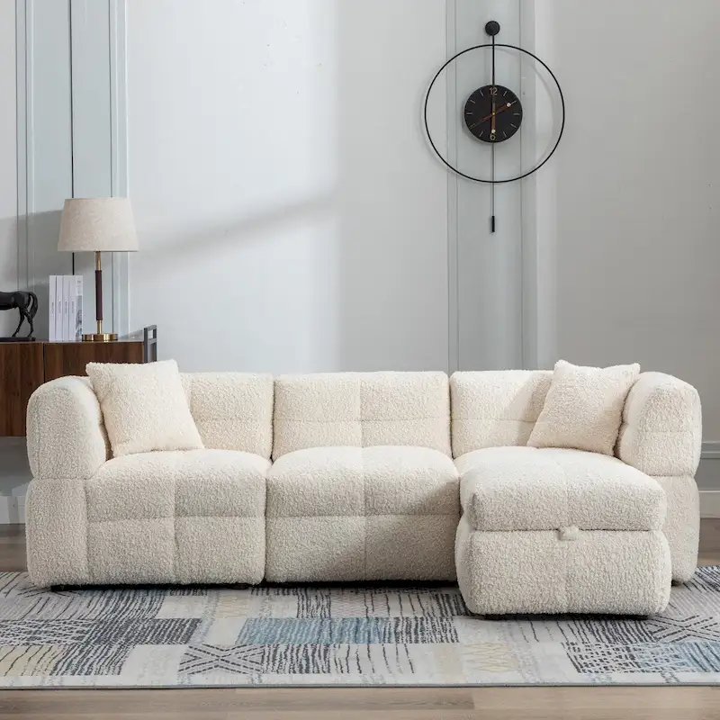 87.7 Sectional Sofa Cozy Teddy Fleece Fabric Sectional Sofa Couch