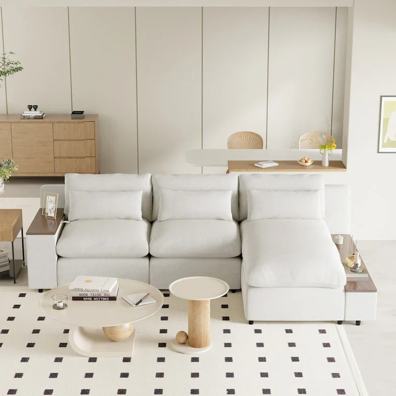 Beige L-Shaped Modular Sectional Sofa, 3-Seat, Right Facing