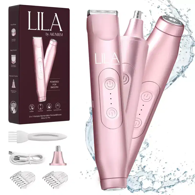 LILA by AKUNBEM Glow G1 Pro 3-in-1 Women's Bikini Trimmer, Facial Shaver & Nose Hair Trimmer - Waterproof, Portable, with USB Charging