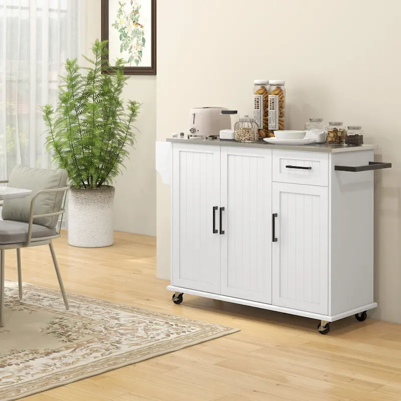 Rolling Kitchen Island with Stainless Steel Countertop, Drawers and Cabinets