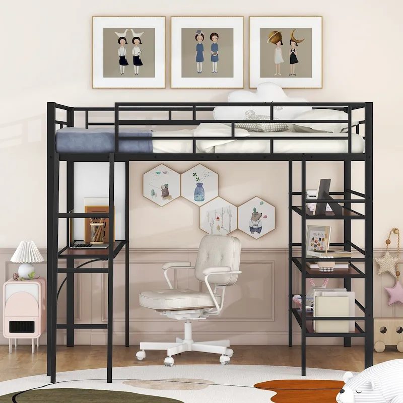 Metal Loft Bed with 3 Layers of Shelves and Desk, Kids High Loft Bed Frame, Whiteboard & Slatted Guardrails