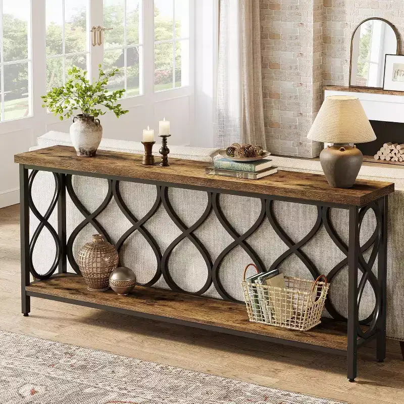Lantine 70.9 Long Console Table, 2-Tier Industrial Sofa Table Behind Couch, Narrow Entryway Accent Tables for Hallway, Foyer