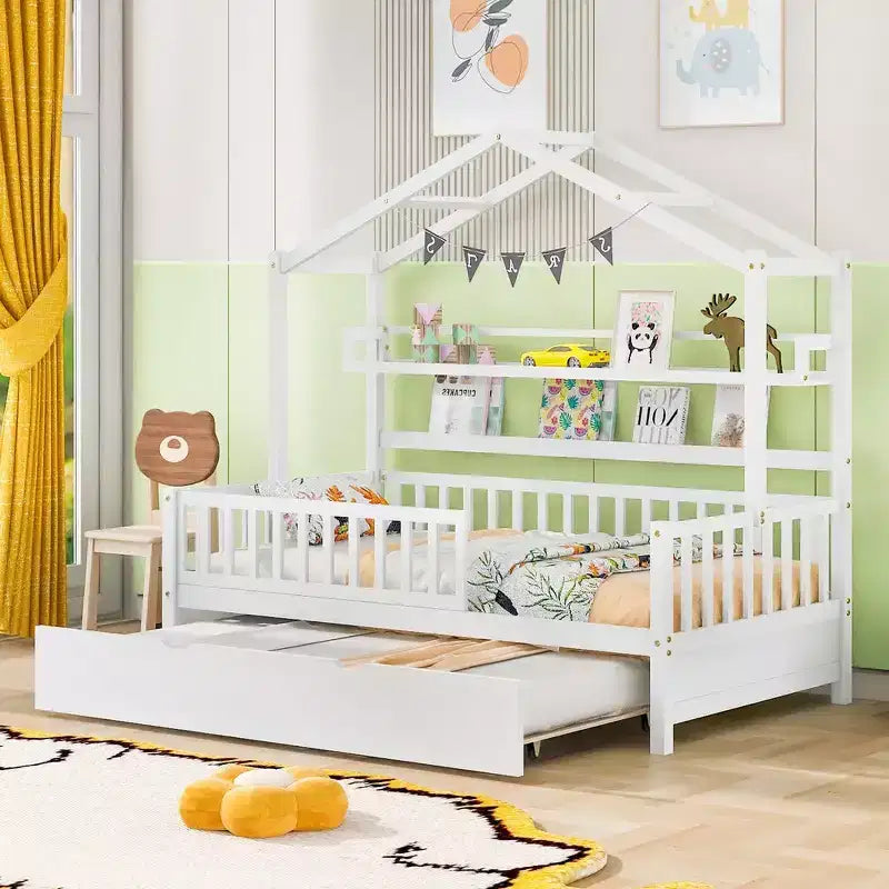 Twin size Wooden House Bed Frame, Kids Bed with Trundle, Shelf, Safe Guardrails