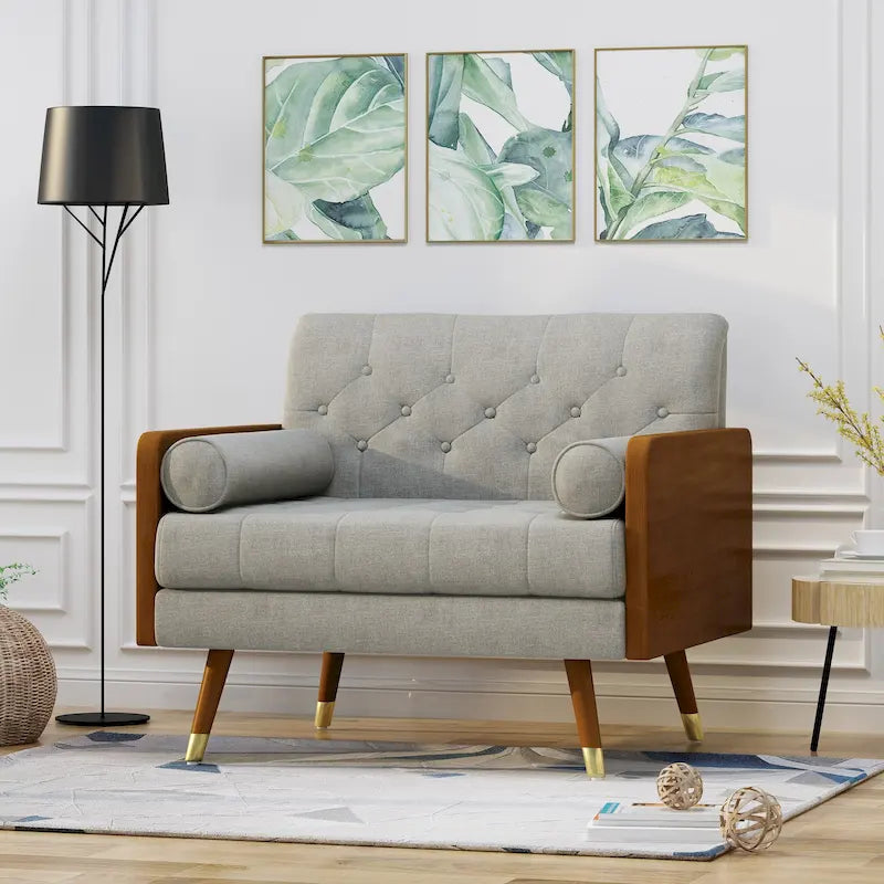 Beige Button-Tufted Mid-Century Club Chair with Gold-Tip Rubberwood Legs for 1 Person