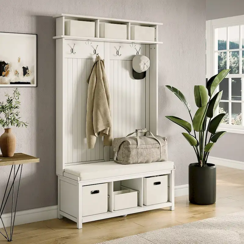 Solid Wood Hall Tree with Shoe and 2 Bin Storage