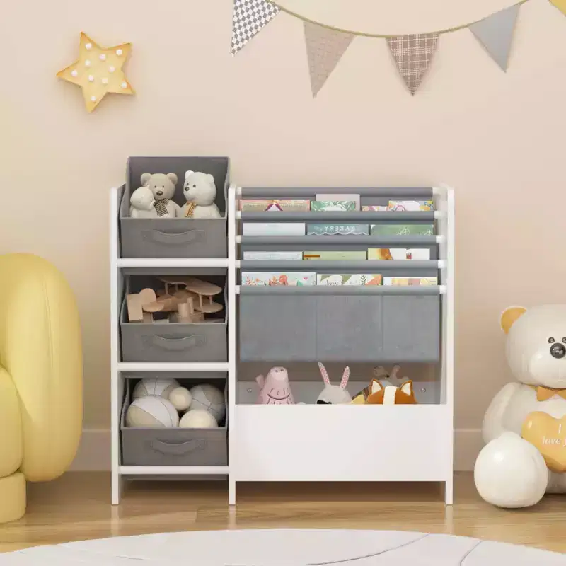 MAYEERTY Kids Booksheld and Toy Storage Organizer, Multifunctional 4 Tier 3 Collapsible Fabric Drawers, Book Display in Room Playroom