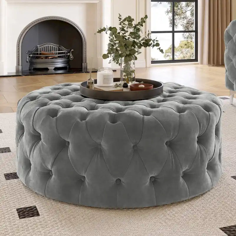 Round Tufted Velvet Ottoman with Casters, 3 Colors